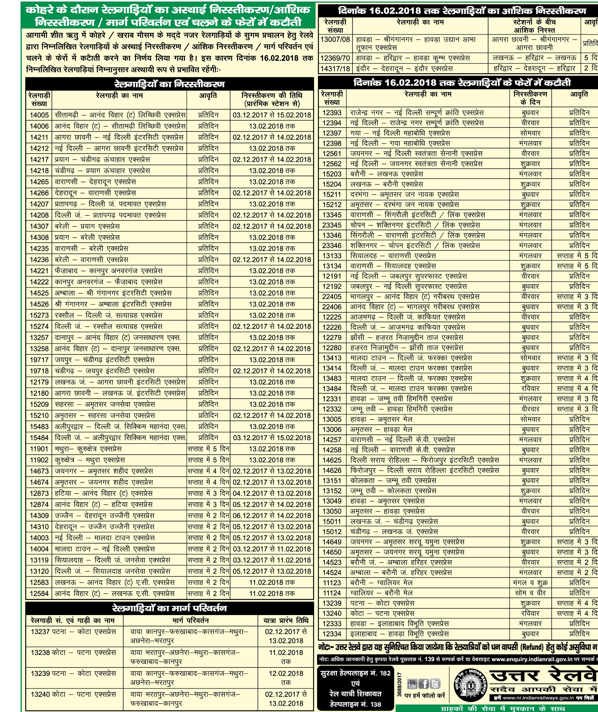 Train Effect From 1st December 2017 to 13th February 2018.