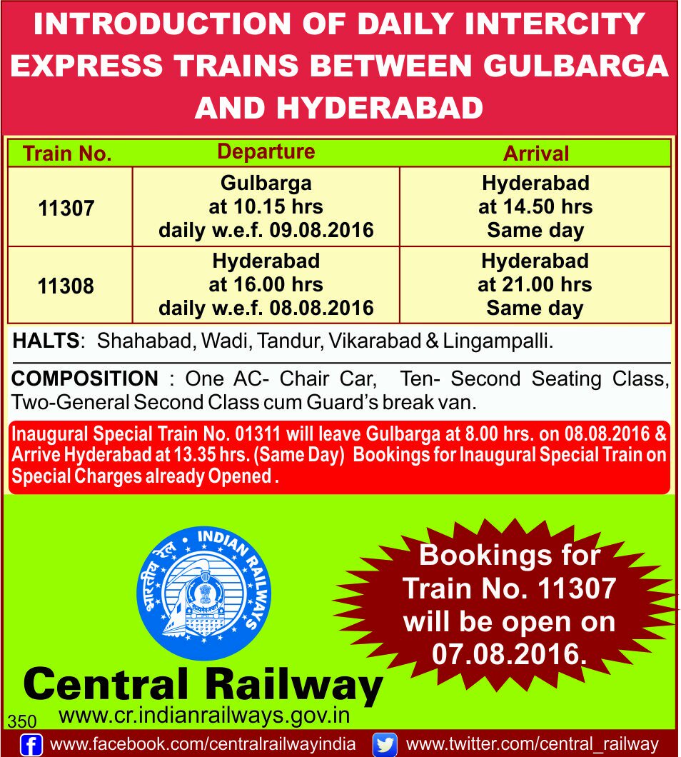 Central Railway Introduce Gulbarga - Hyderabad - Gulbarga Intercity Express